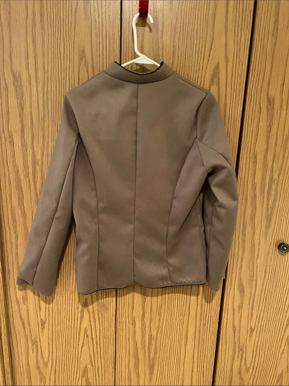Taupe Women's Button-Front Blazer with Navy Trim